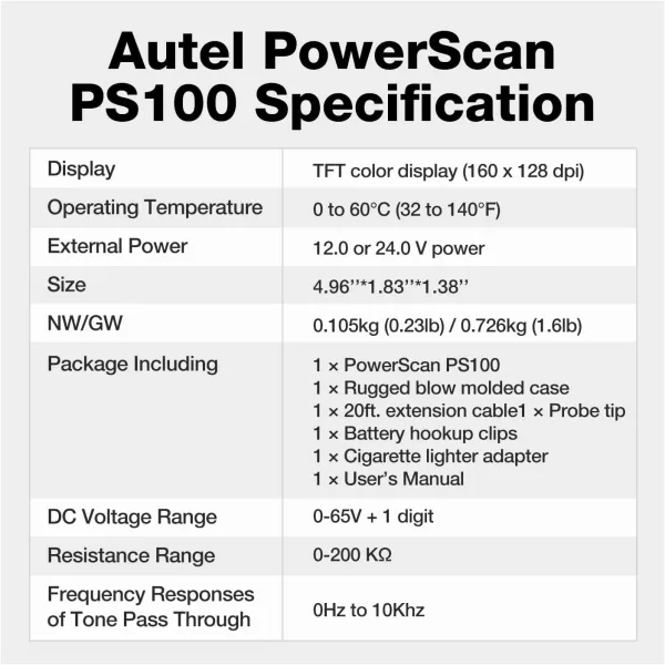Autel Powerscan Ps100 Electrical System Tester Ps 100 Circuit Tester with 20ft Cable, Built-in Circuit Breaker, Easy to Read AC/DC Current Resistance, Test Continuity/Probe/Sensor Signal