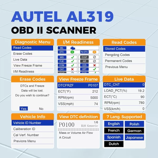 Autel Professional OBD2 Scanner AL319 Code Reader, Enhanced Check and Reset Engine Fault Code, Live Data, Freeze Frame, CAN Car Diagnostic Scan Tools for All OBDII Vehicles After 1996, 2023 Upgraded
