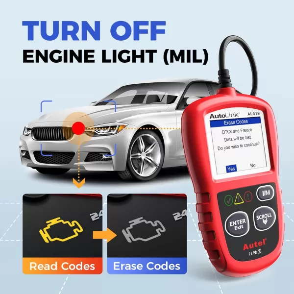 Autel Professional OBD2 Scanner AL319 Code Reader, Enhanced Check and Reset Engine Fault Code, Live Data, Freeze Frame, CAN Car Diagnostic Scan Tools for All OBDII Vehicles After 1996, 2023 Upgraded