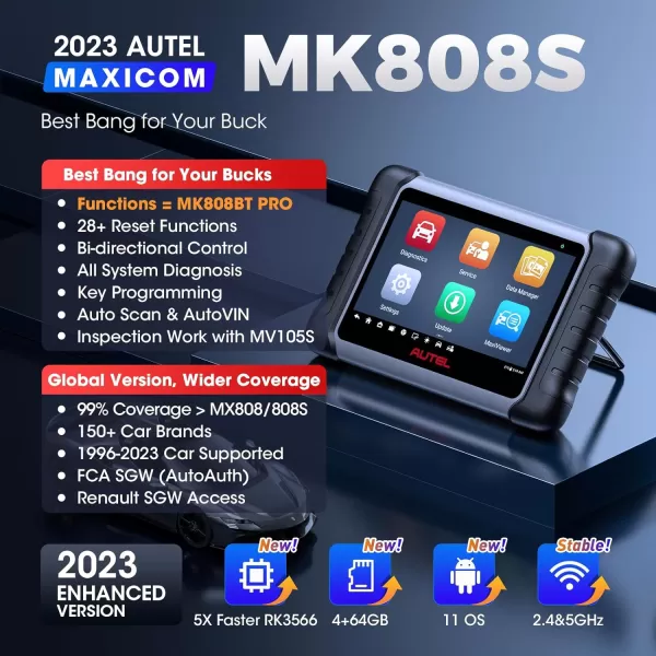 Autel Scanner MaxiCOM MK808S: 2023 Bidirectional Tool as MK808BT Pro MX808S, Updated of MaxiCheck MK808 M808Z, 28+ Service, Active Test, All System Diagnosis, Injector Coding, FCA Autoauth Android 11