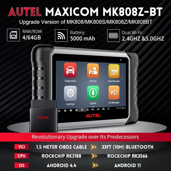 Autel Scanner MaxiCOM MK808Z-BT: Same As MK808BT Pro, 2023 Android 11 Bi-Directional Control Scan Tool, Upgraded of MK808BT/MK808S, 28+ Services, All Systems Diagnosis, FCA Auto Auth, Support BT506