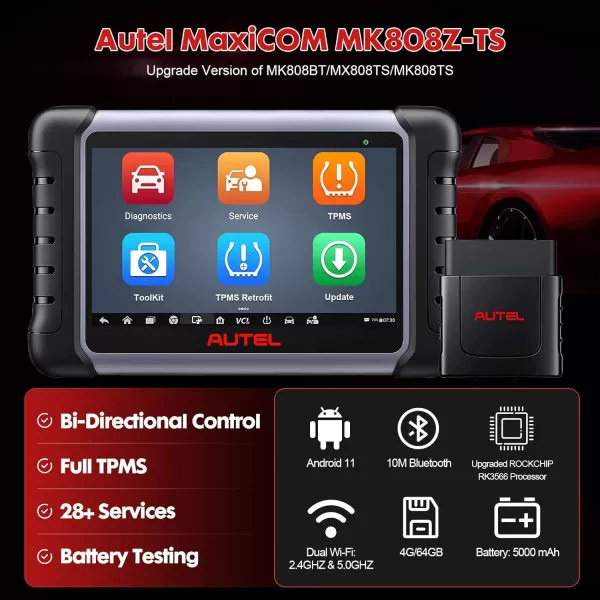Autel Scanner MaxiCOM MK808Z-TS, Android 11 Based Bi-Directional Control Scan Tool with Full TPMS Function, 2023 Upgraded of MK808BT/MK808TS, 28+ Services, FCA Auto Auth, Support BT506 &amp; MV108 Add-ons