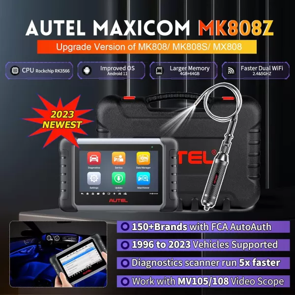 Autel Scanner MaxiCOM MK808Z with 60$ MV108: Android 11 Based Bi-Directional Control Scan Tool, 28+ Services, 2023 Upgraded of MK808/MX808, All System Diagnostics, FCA Auto Auth, Injector Coding