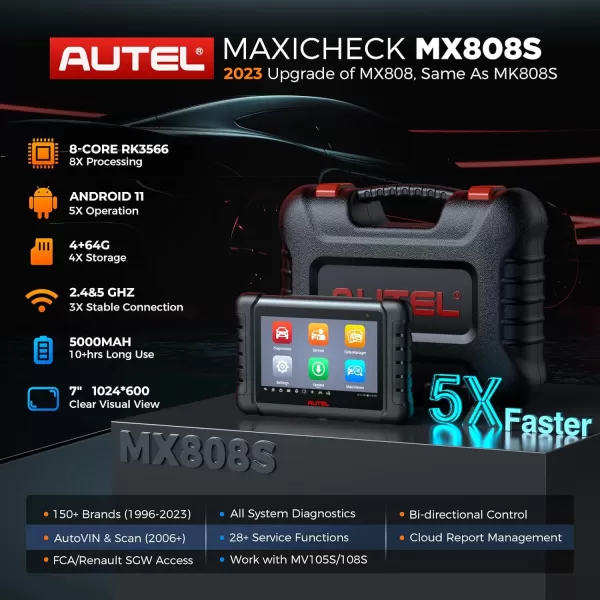 Autel Scanner MaxiCheck MX808S 2023, Android 11, 2023 Same as MaxiCOM MK808S/ MK808Z, Updated of MK808 MX808, Bidirectional Control Scan Tool, Active Tests, 28+ Services, OE All Systems, FCA AutoAuth