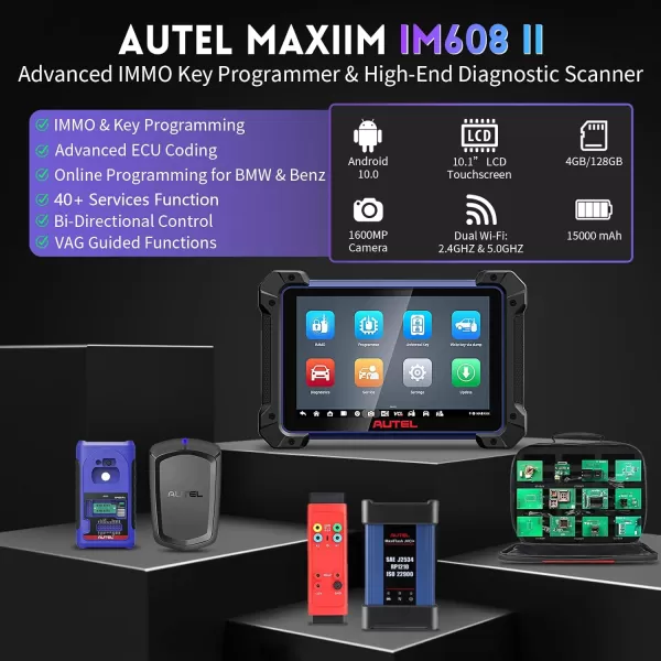 Autel Scanner MaxiIM IM608 II: Android 10 IMMO Key Programming Tool, 2023 IM608 Pro II Bundle with $1316 Tool Kit, J2534 ECU Programming &amp; Coding, 40+ Services, Bi-Directional Control Scan Tool