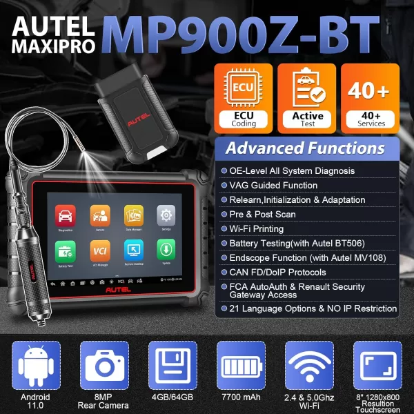 Autel Scanner MaxiPro MP900Z-BT with 60$ MV108, 2023 Upgraded of MP808S/MS906BT, Android 11 ECU Coding Scan Tool, Bi-Directional Scanner with 40+ Services, Full System OBD2 Scanner Support CAN FD/DoIP