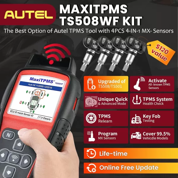 Autel TPMS Programming Tool MaxiTPMS TS508WF Kit, with $120 4PCS MX-Sensors , 2023 Upgraded of TS508/TS501/TS408, One-Click TPMS Diagnose &amp; Reset, TPMS Relearn/Activate, Clear TPMS DTCs, 2023 Upgraded of TS508/TS501/TS408, One-Click TPMS Diagnose &amp; Reset, TPMS Relearn/Activate, Clear TPMS DTCs)