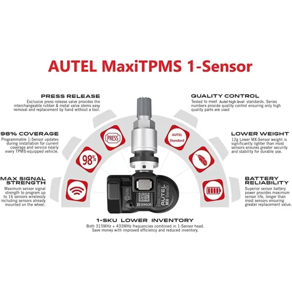 Autel TPMS Sensor, MX Sensor, 4pcs Universal Tire Sensor Dual Frequency 315MHz/433MHz TPMS Sensor Metal Stem Programmable by TS508 TS408 TS508WF TS608 MS906TS ITS600 MS906PRO-TS