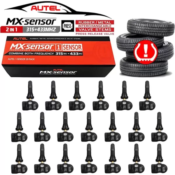 Autel TPMS Sensor, MX Sensor, 8pcs Universal Tire Sensor Dual Frequency 315MHz/433MHz TPMS Sensor Rubber Stem Programmable by TS508 TS408 TS508WF TS608 MS906TS ITS600 MS906PRO-TS