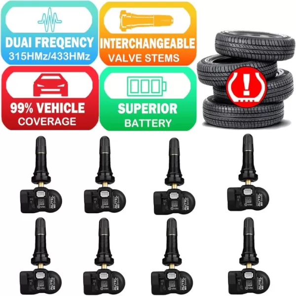 Autel TPMS Sensor, MX Sensor, 8pcs Universal Tire Sensor Dual Frequency 315MHz/433MHz TPMS Sensor Rubber Stem Programmable by TS508 TS408 TS508WF TS608 MS906TS ITS600 MS906PRO-TS