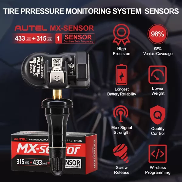 Autel TPMS Sensor MX-Sensor TPS218-315MHz+433MHz 2 in 1 Dual Frequency Replaced OEM Tire Pressure Sensor Universal Programmable Screw-in Sensor Sets of 2pcs 