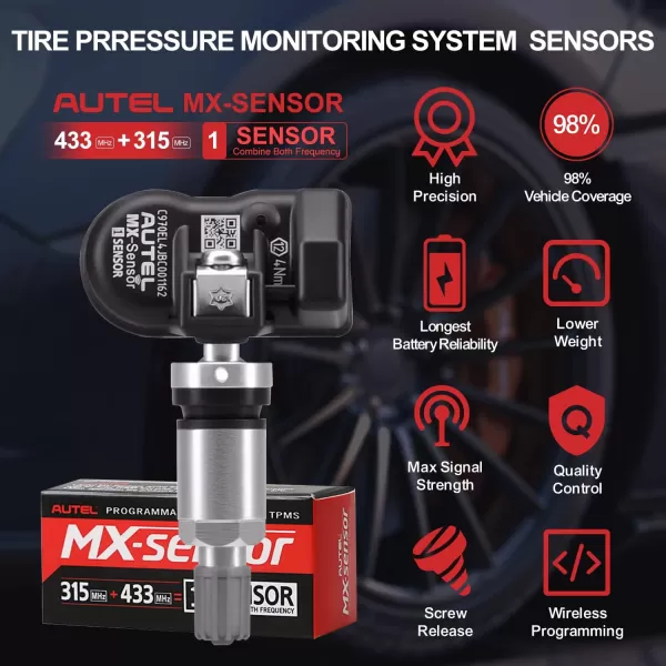 Autel TPMS Sensor MX-Sensor TPS218-315MHz+433MHz 2 in 1 Dual Frequency Replaced OEM Tire Pressure Sensor Universal Programmable Screw-in Sensor Sets of 2pcs 