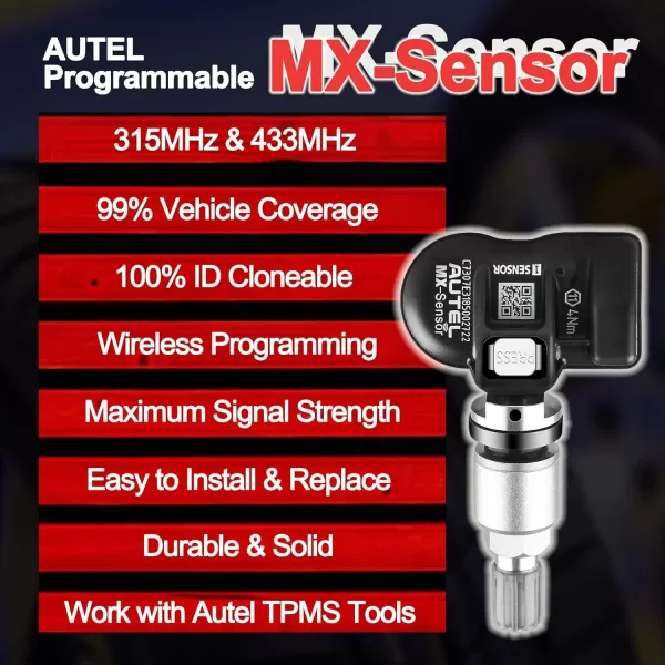 Autel TPMS Sensors, Programmable Mx Sensor for Tire Pressure,315MHz + 433MHz,Press-in OE-Level Programmed by TS508 TS408 TS508WF TS608 MS906TS ITS600 MS906PRO-TS Programmed by TS508 TS408 TS508WF TS608 MS906TS ITS600 MS906PRO-TS)