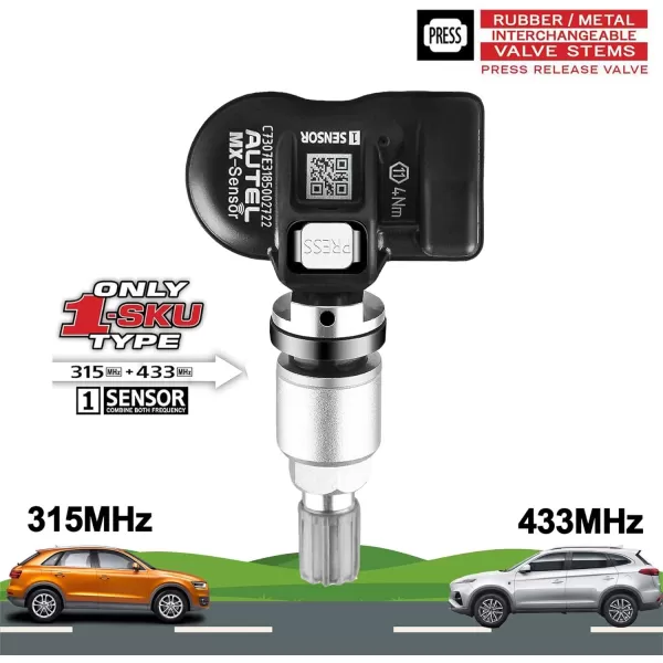 Autel TPMS Sensors, Programmable Mx Sensor for Tire Pressure,315MHz + 433MHz,Press-in OE-Level Programmed by TS508 TS408 TS508WF TS608 MS906TS ITS600 MS906PRO-TS Programmed by TS508 TS408 TS508WF TS608 MS906TS ITS600 MS906PRO-TS)