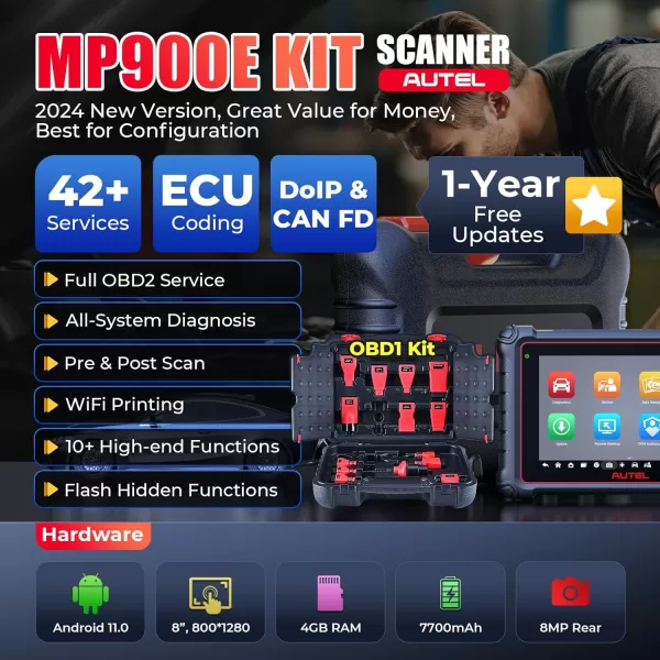 Autel MaxiPRO MP900E-KIT: 2024 Newest DoIP/CAN FD, 11 PCS OBD1 Cables, Upgraded of MP808S/MP808BT PRO/MP900, ECU Coding, 40+ Services, Active Test, FCA SGW