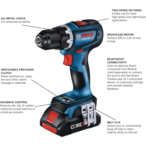 BOSCH GSR18V-800CN 18V Brushless Connected-Ready 1/2 In. Drill/Driver  18V 4 Ah Batteries)