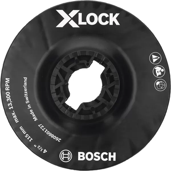 BOSCH MGX0450 4-1/2 In. X-LOCK Backing Pad with X-LOCK Clip - Medium Hardness, Use with Fiber Discs, for Applications in Metal Surface Finishing, Weld Blending, Rust Removal, Black