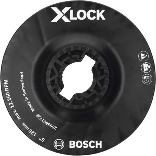 BOSCH MGX0450 4-1/2 In. X-LOCK Backing Pad with X-LOCK Clip - Medium Hardness, Use with Fiber Discs, for Applications in Metal Surface Finishing, Weld Blending, Rust Removal, Black