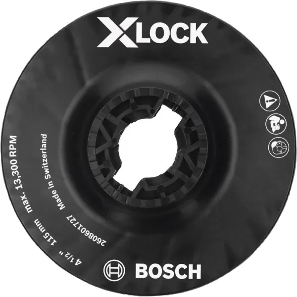 BOSCH MGX0450 4-1/2 In. X-LOCK Backing Pad with X-LOCK Clip - Medium Hardness, Use with Fiber Discs, for Applications in Metal Surface Finishing, Weld Blending, Rust Removal, Black