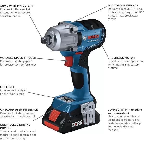 BOSCH GDS18V-330CN 18V Brushless Connected-Ready 1/2 In. Mid-Torque Impact Wrench with Friction Ring and Thru-Hole  18V 4 Ah Batteries)