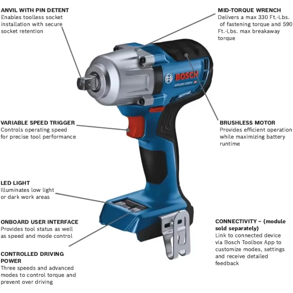 BOSCH GDS18V-330CN 18V Brushless Connected-Ready 1/2 In. Mid-Torque Impact Wrench with Friction Ring and Thru-Hole 