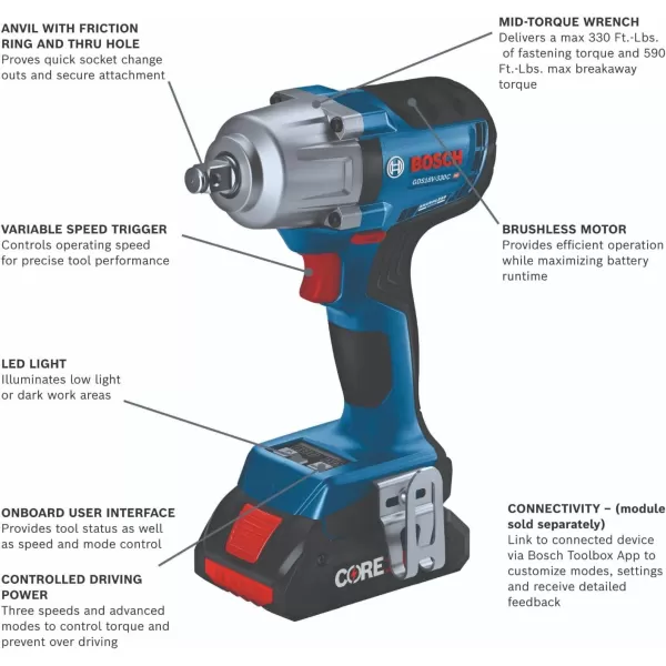 BOSCH GDS18V-330CN 18V Brushless Connected-Ready 1/2 In. Mid-Torque Impact Wrench with Friction Ring and Thru-Hole 