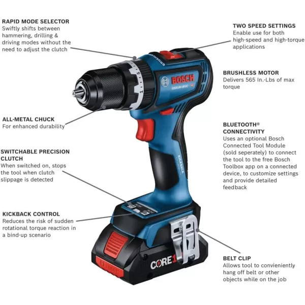 BOSCH GSB18V-800CB24 1/2 In. Brushless Connected-Ready Hammer Drill/Driver Kit with  CORE18V® 4 Ah Advanced Power Battery 18V 4 Ah Batteries)