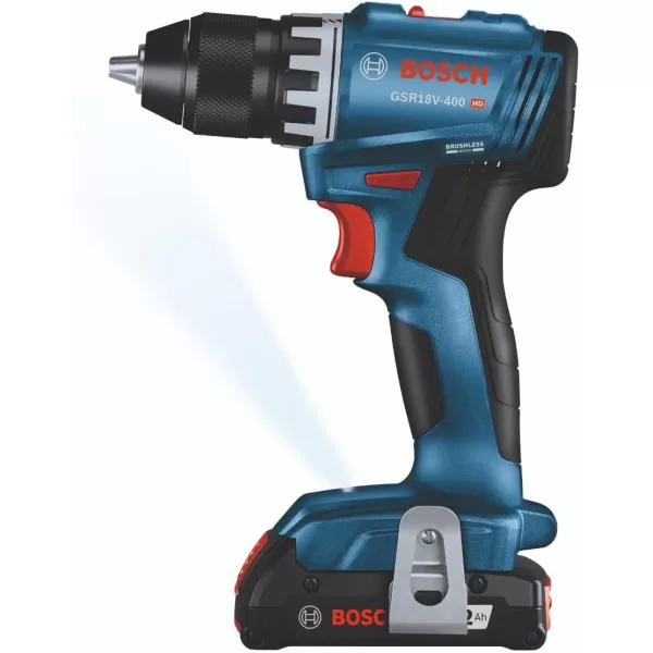BOSCH GSR18V-400B12 18V Compact Brushless 1/2 In. Drill/Driver Kit with  2.0 Ah SlimPack Battery 2.0 Ah Batteries)