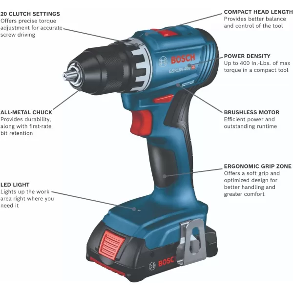 BOSCH GSR18V-400B12 18V Compact Brushless 1/2 In. Drill/Driver Kit with  2.0 Ah SlimPack Battery 2.0 Ah Batteries)