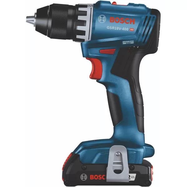 BOSCH GSR18V-400B12 18V Compact Brushless 1/2 In. Drill/Driver Kit with  2.0 Ah SlimPack Battery 2.0 Ah Batteries)