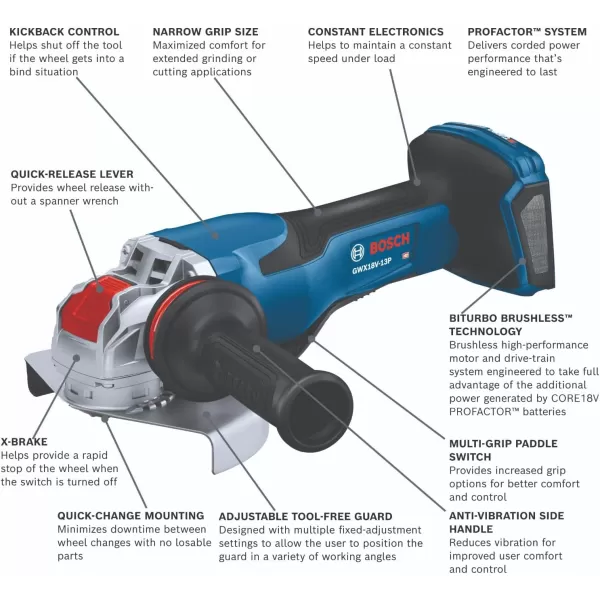 BOSCH GWX18V-13PB14 PROFACTOR™ 18V X-LOCK 5 – 6 In. Angle Grinder with Paddle Switch and  CORE18V® 8 Ah High Power Battery
