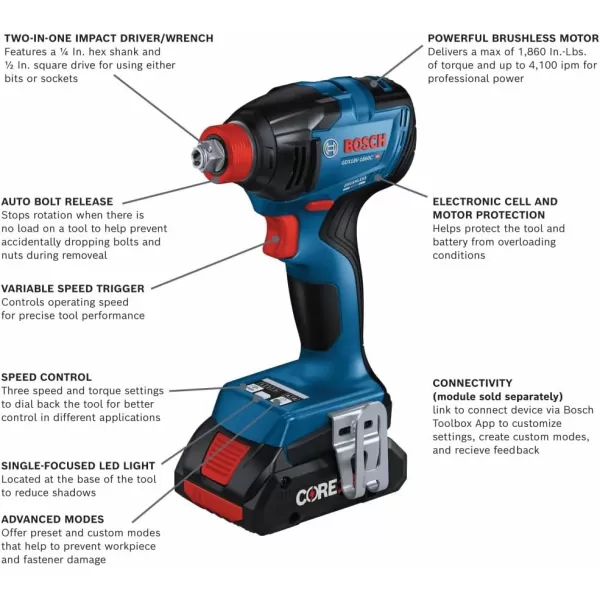 Bosch GDX18V-1860CB15-RT 18V Freak Brushless Lithium-Ion 1/4 in. and 1/2 in. Cordless Connected-Ready Impact Driver Kit  