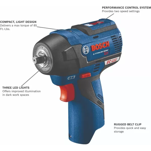 Bosch PS82-02-RT 12V MAX 2.0 Ah Cordless Lithium-Ion EC Brushless 3/8 in. Impact Wrench Kit 