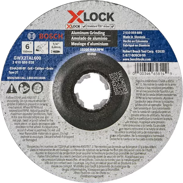 BOSCH GWX27AL600 6 In. x 1/4 In. X-LOCK Metal Grinding Abrasive Wheel 24 Grit Compatible with 7/8 In. Arbor Type 27 for Applications in Aluminum Grinding