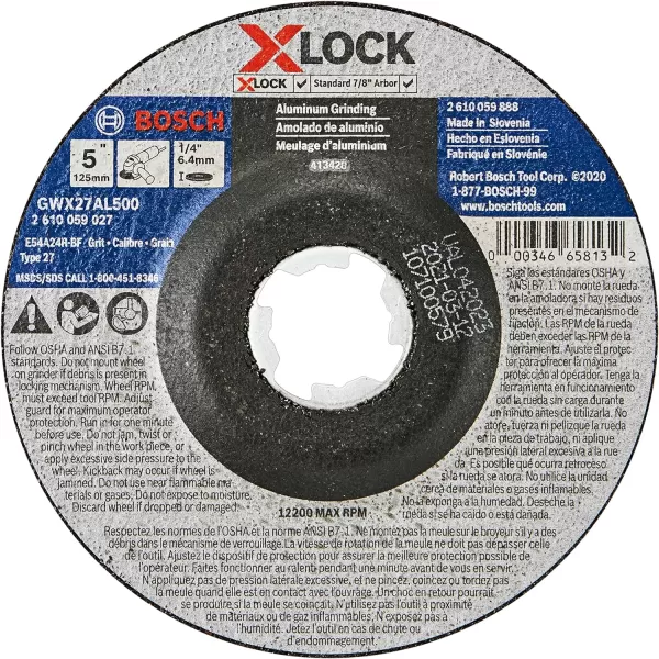 BOSCH GWX27AL600 6 In. x 1/4 In. X-LOCK Metal Grinding Abrasive Wheel 24 Grit Compatible with 7/8 In. Arbor Type 27 for Applications in Aluminum Grinding