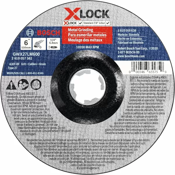 BOSCH GWX27AL600 6 In. x 1/4 In. X-LOCK Metal Grinding Abrasive Wheel 24 Grit Compatible with 7/8 In. Arbor Type 27 for Applications in Aluminum Grinding