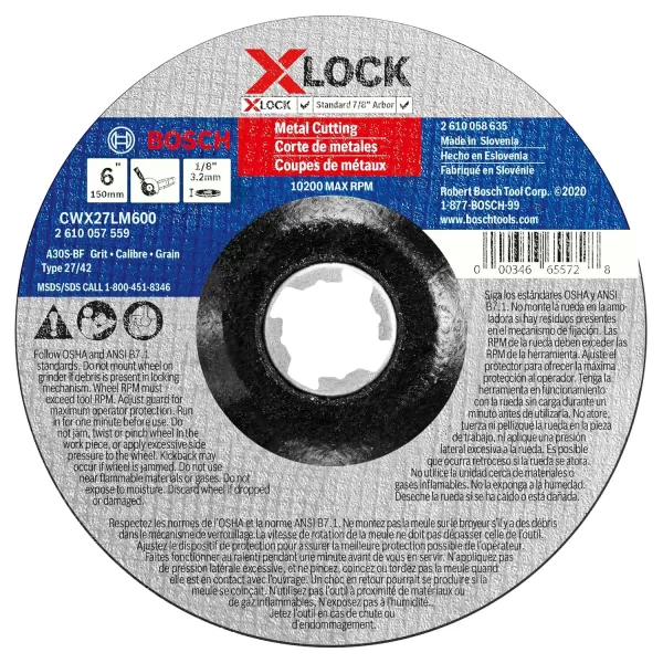 BOSCH TCWX1AL600 6 In. x 1/16 In. X-LOCK Metal Cutting Abrasive Wheel 46 Grit Compatible with 7/8 In. Arbor Type 1A  for Applications in Aluminum Cutting