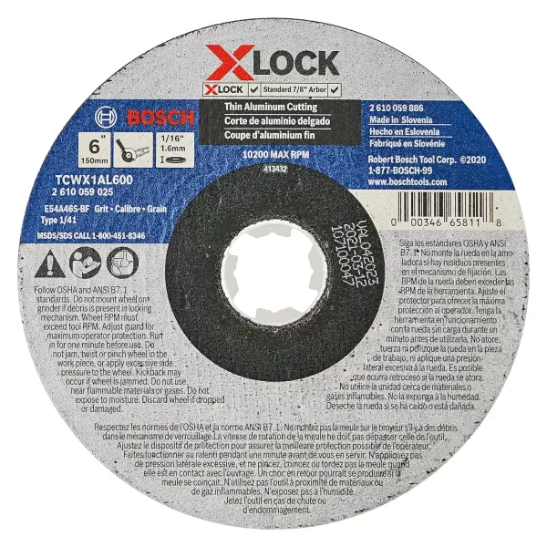BOSCH TCWX1AL600 6 In. x 1/16 In. X-LOCK Metal Cutting Abrasive Wheel 46 Grit Compatible with 7/8 In. Arbor Type 1A  for Applications in Aluminum Cutting