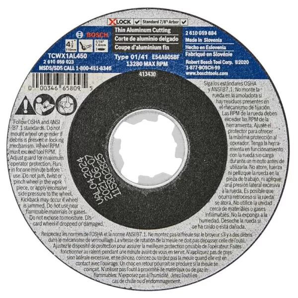 BOSCH TCWX1AL600 6 In. x 1/16 In. X-LOCK Metal Cutting Abrasive Wheel 46 Grit Compatible with 7/8 In. Arbor Type 1A  for Applications in Aluminum Cutting