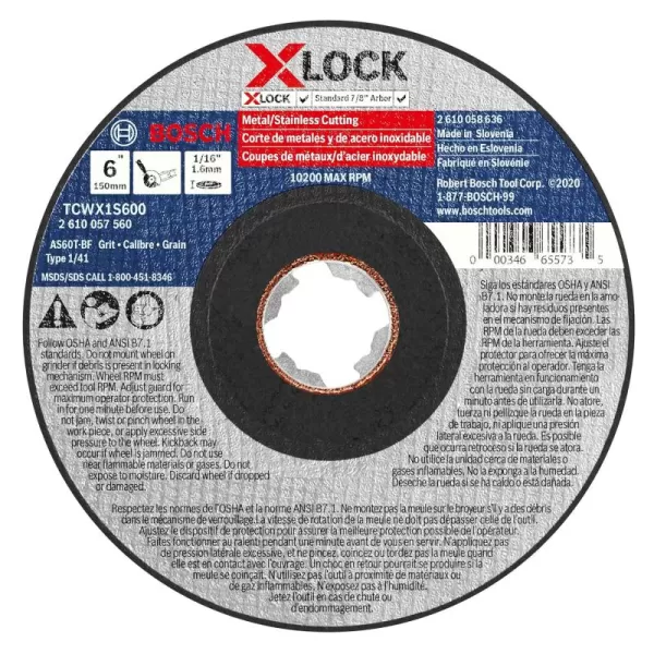 BOSCH TCWX1AL600 6 In. x 1/16 In. X-LOCK Metal Cutting Abrasive Wheel 46 Grit Compatible with 7/8 In. Arbor Type 1A  for Applications in Aluminum Cutting