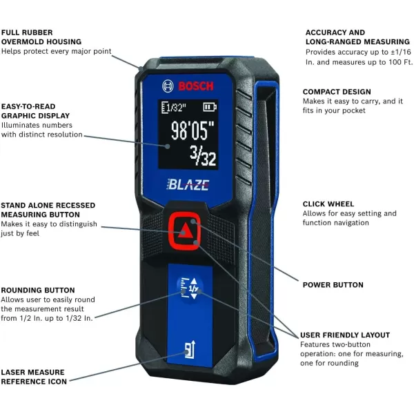 imageBOSCH GLM10023 100 Ft Blaze Laser Distance Measure Includes 2 AA Batteries100 FT