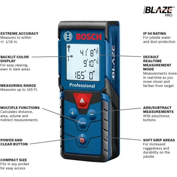 imageBOSCH GLM16540 Blaze 165 Ft Laser Distance Measure Includes 2 AAA Batteries Hand Strap Target Cards ampamp Pouch