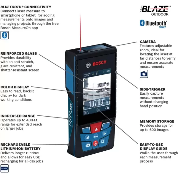 imageBOSCH GLM400C 400 Ft Blaze Outdoor Connected Laser Measure with Camera Viewfinder Includes 3 AA Batteries Hand Strap ampamp PouchAA Battery Version