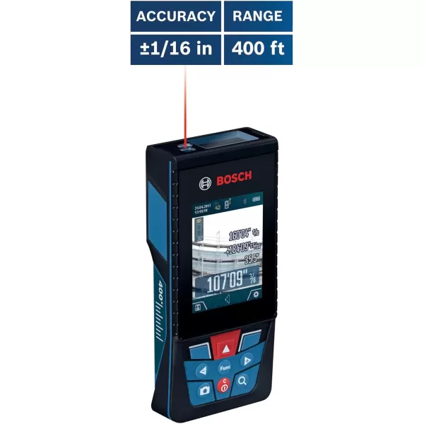 imageBOSCH GLM400C 400 Ft Blaze Outdoor Connected Laser Measure with Camera Viewfinder Includes 3 AA Batteries Hand Strap ampamp PouchLiIon Battery Version