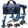 imageBOSCH GXL18V496B22 18V 4Tool Combo Kit with Compact Tough 12 In DrillDriver TwoInOne 14 In and 12 In BitSocket Impact Driver Compact Reciprocating Saw LED Worklight and 2 Ah Batteries