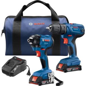 imageBOSCH 18V 2Tool Combo Kit with 12 In Compact DrillDriver and 14 In Hex Impact Driver GXL18V26B22w91Piece DrillDriving Set