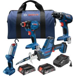 imageBOSCH GXL18V496B22 18V 4Tool Combo Kit with Compact Tough 12 In DrillDriver TwoInOne 14 In and 12 In BitSocket Impact Driver Compact Reciprocating Saw LED Worklight and 2 Ah Batteries
