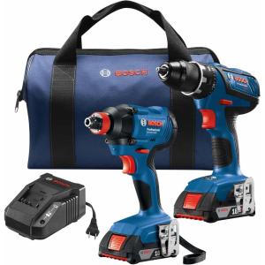 imageBosch GXL18V232B22 18V 2Tool Combo Kit with Compact Tough 12 In DrillDriver 14 In and 12 In TwoInOne BitSocket Impact Driver and 2 20 Ah SlimPack Batteries Blue