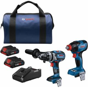 imageBOSCH GXL18V227B25 18V 2Tool Combo Kit with ConnectedReady TwoInOne 14 In BitSocket Impact DriverWrench 12 In Hammer DrillDriver and 2 CORE18V 4 Ah Advanced Power Batterieswith 2 free batteries