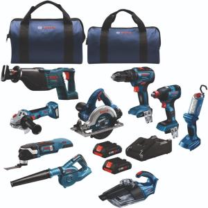 imageBOSCH GXL18V901B25 18V 9Tool Combo Kit 2In1 BitSocket Impact Driver Hammer DrillDriver Recip Saw Circ Saw Oscillating Tool Angle Grinder Vacuum Worklight 2 CORE18V 4 Ah Batteries